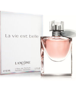 Elegant La Vie Est Belle perfume bottle with pink fragrance.