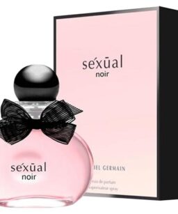 Perfume bottle of Sexual Noir for women with elegant black bow and pink glass, perfect for a seducti.