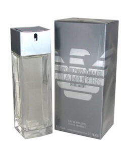 Emporio Diamonds men's fragrance in a sleek glass bottle with silver accents.