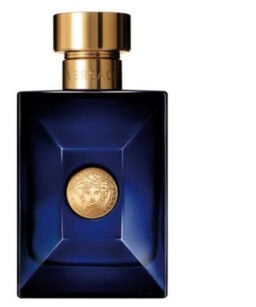 Versace Dylan Blue cologne for men, 3.4 oz, featuring a sleek blue bottle with gold accents.