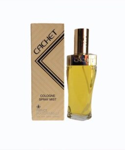 Cachet perfume bottle with gold cap and yellow liquid, alongside packaging.