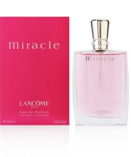 Elegant Miracle perfume bottle with pink liquid and silver cap.