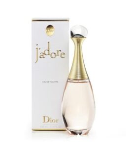 Elegant Dior Jadore perfume bottle with gold accents and clear glass design.