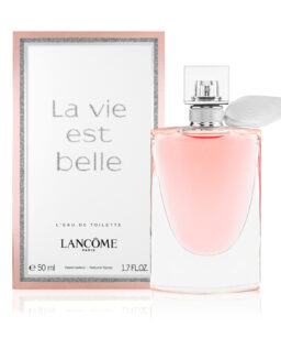 Elegant La Vie Est Belle perfume bottle with soft pink fragrance and white ribbon.