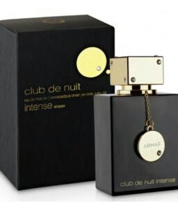 Elegant black perfume bottle with gold accents, part of the Club de Nuit collection.