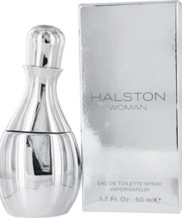 Halston Woman perfume for women, elegant silver bottle with sleek design.