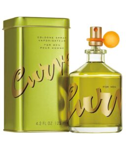 Curve men's cologne spray in a green bottle with matching tin container.