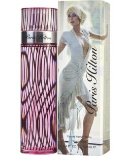 Paris Hilton perfume bottle with stylish pink and black design.