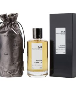 Elegant Mancera Rose Vanille perfume with luxurious packaging and travel pouch.