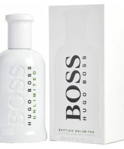 Boss Bottled Unlimited men's fragrance in sleek white bottle with matching box.