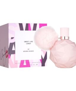 Sweet Like Candy perfume by Ariana Grande with pink geometric bottle and fluffy pom-pom accessory.