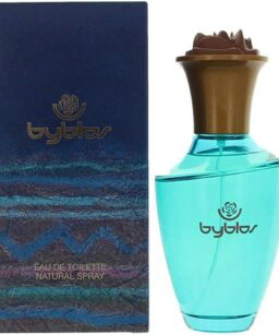 Byblos women's perfume Eau de Toilette natural spray, elegant blue bottle with brown cap.