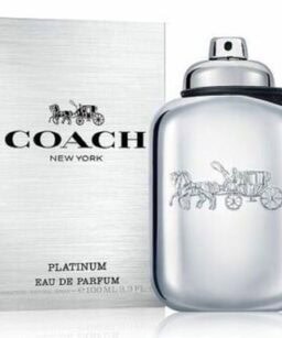 Coach Platinum men's fragrance with elegant silver bottle and horse-drawn carriage logo.