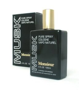 Monsieur Musk cologne for men in a sleek black bottle with gold cap.