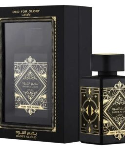 Lattafa Bade'e al Oud men's fragrance in elegant black and gold packaging.
