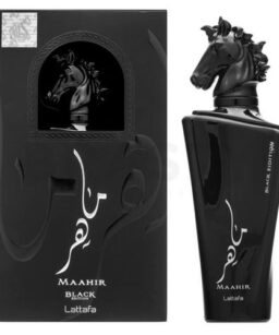 Lattafa Maahir Black Edition men's fragrance with a sleek black bottle and horse head design.