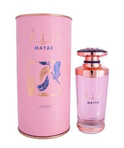 Lattafa Mayar women’s perfume with elegant pink bottle and floral packaging.
