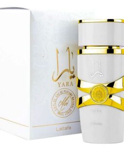 Lattafa Yara Moi perfume bottle with gold accents for women.