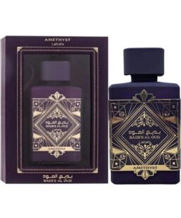 Lattafa Bade'e al Oud Amethyst unisex perfume bottle with elegant packaging.