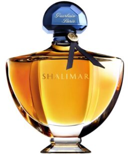 Elegant Shalimar perfume bottle with gold accents and blue cap, perfect for women’s fragrance collec.