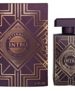Aftermath Intro unisex perfume bottle with geometric gold design on dark background.