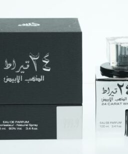 Lattafa 24 Carat White Gold men's perfume in elegant packaging.