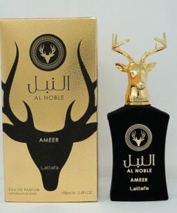 Al Noble Ameer cologne bottle with gold deer head cap and black packaging.