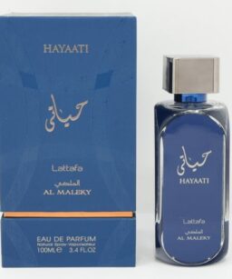 Lattafa Hayaati Al Maleky men's fragrance in a sleek blue bottle with silver cap.