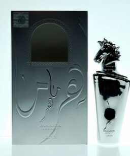 Lattafa Maahir Legacy men's perfume bottle with packaging on a white background.