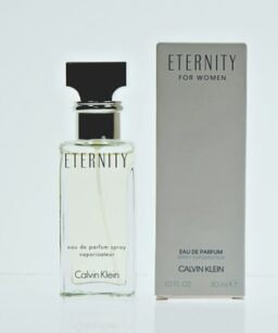 Eternity for Women perfume by Calvin Klein with elegant bottle and box.