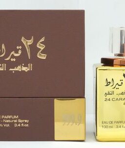 Lattafa 24 Carat Pure Gold perfume bottle for women, luxurious fragrance with gold accents.