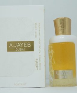 Lattafa Ajayeb Dubai Portrait perfume bottle for women, elegant fragrance with a luxurious scent.