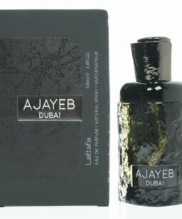 Lattafa Ajayeb Dubai perfume for women, elegant fragrance in a sleek black bottle.