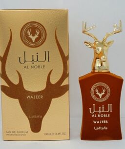 Al Noble Wazeer perfume bottle with deer emblem, luxurious packaging, for women.