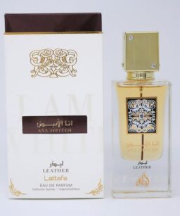 Lattafa Ana Abiyedh Leather perfume bottle with elegant packaging.