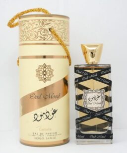 Oud Mood perfume bottle with elegant gold and black design, perfect for women.