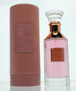Velvet Rose perfume bottle with pink fragrance and elegant glass cap.