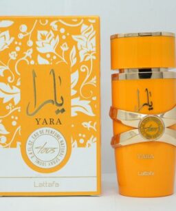 Lattafa Yara Tous perfume for women in vibrant orange packaging.