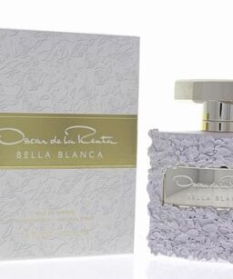 Elegant Oscar Bella Blanca perfume bottle with textured floral design.