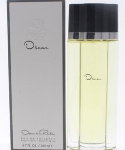 Oscar perfume for women in a sleek glass bottle with black cap.