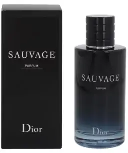Sauvage men's cologne by Dior in sleek black bottle with box.
