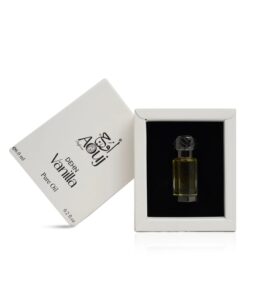 Aouj Dehn Vanilla unisex perfume in a small glass bottle with a black cap, presented in a white box.