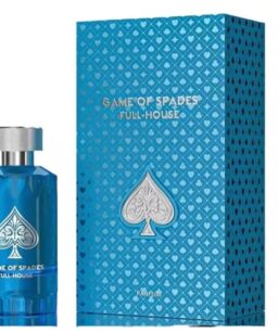 Perfume bottle and box for Game Of Spades Full House unisex fragrance.