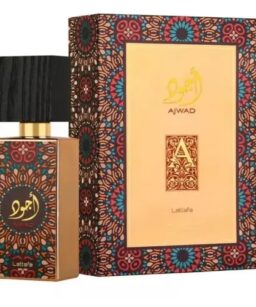 Elegant Lattafa Ajwad unisex perfume with intricate design and bold packaging.