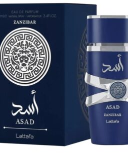 Lattafa Asad Zanzibar unisex perfume with bold lion design, luxurious scent, and elegant packaging.