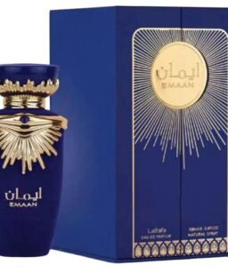 Elegant blue perfume bottle with gold accents for Lattafa Emaan unisex fragrance.