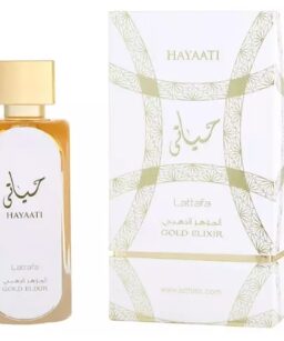 Lattafa Hayaati Gold Elixir men's perfume with luxurious scent and elegant packaging.