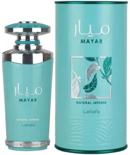 Lattafa Mayar Natural Intense perfume bottle with elegant turquoise design.