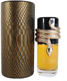 Lattafa Musamam unisex perfume in a snake-themed bottle with gold accents.