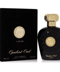 Opulent Oud perfume bottle with black and gold design for unisex use.